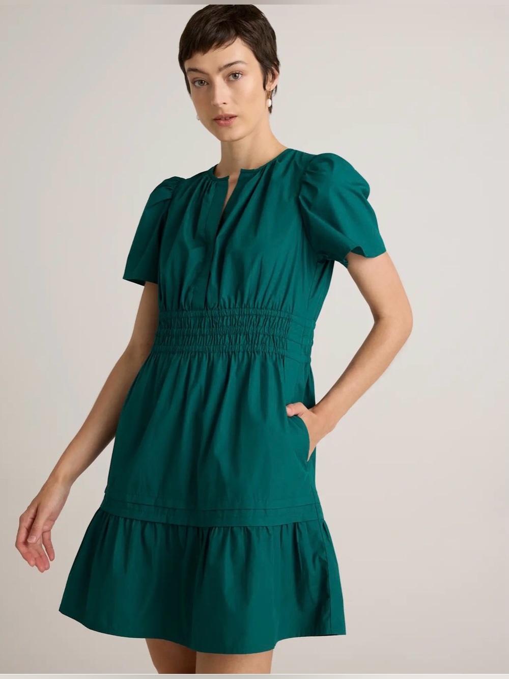 Quince 100% Organic Cotton Poplin Tiered Mini Dress Ocean Green NWT Size L